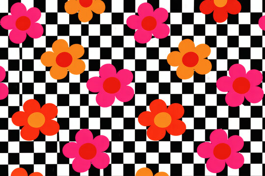 Bold 1960s checkerboard pattern with colorful groovy indie flower power blossoms background