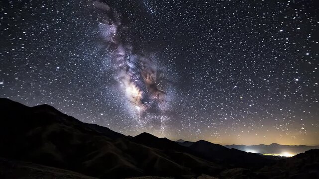 Time Lapse of Milky Way Galaxy Arching Over Silhouetted Mountain Range at Night, Starry Sky with Constellations and Distant City Lights, 4K
