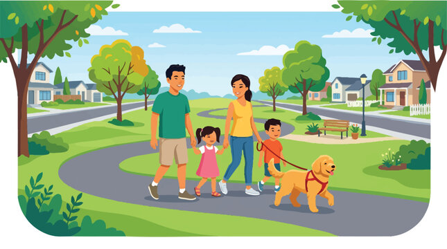 Happy Asian Family Walking Dog in Suburban Neighborhood Park Vector Illustration