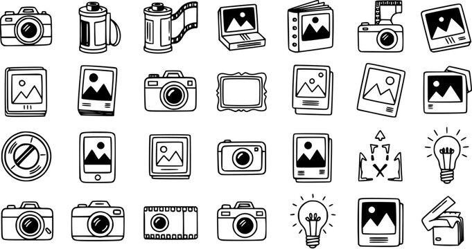 Hand-Drawn Black and White Line Art Doodle Icons for Photography, Digital Media, and Creative Concepts
