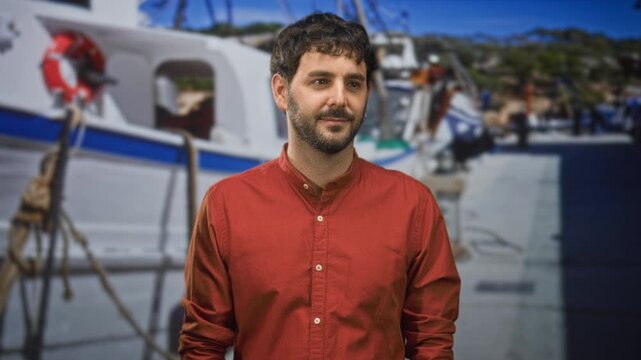 Man with beard wearing red shirt standing by a boat and lifebuoy prop in studio, casual pose and slight smile; calm reflection.