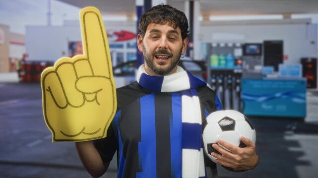Man holding foam finger and soccer ball, wearing blue striped team shirt and scarf, raises finger inside a building storefront; team pride.