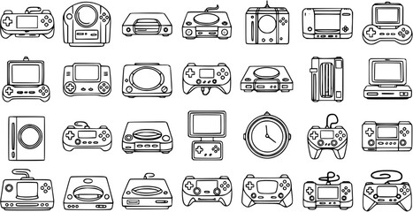 Black and White Line Art Icons of Retro Video Game Consoles and Controllers © victoria