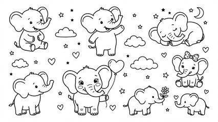 Obraz premium Cute Baby Elephant Nursery Line Art Collection Adorable Elephant Calf Poses Vector Set