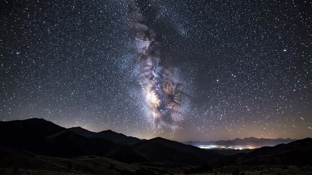 Time Lapse of the Milky Way Galaxy Arching Over Dark Mountain Peaks and Distant City Lights, Vast Starry Night Sky, 4K