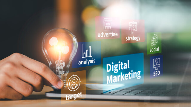 Digital marketers develop data-driven campaigns using SEO, audience targeting, advertising analytics, social media promotion, market research, conversion optimization, and strategic planning