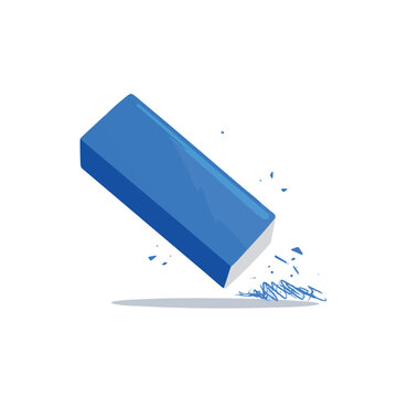 Blue rectangular eraser removing pencil marks from paper surface.