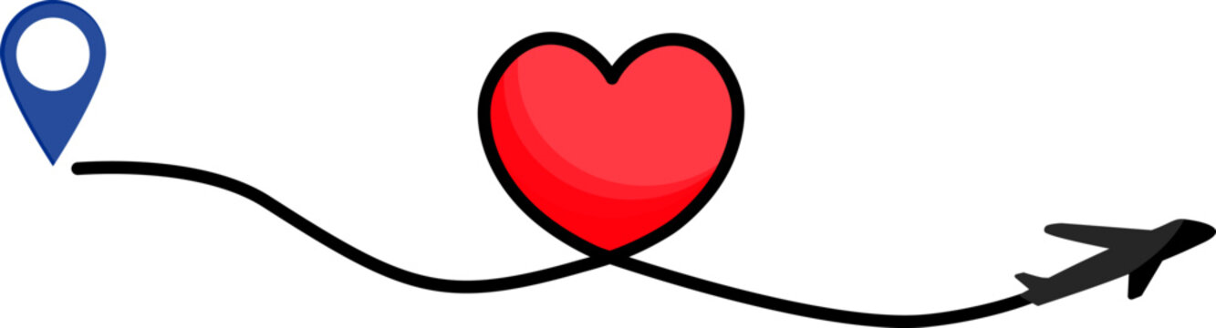Airplane flies from a blue location pin, the flight path forms a red heart in the middle, concept of romantic travel and long distance relationship