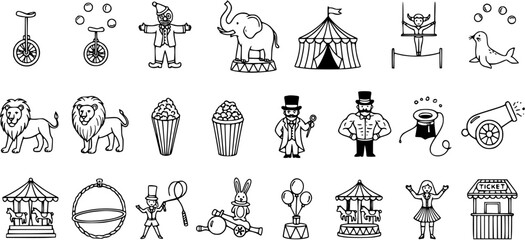 Black and White Line Art Circus Icons Set - Entertainment Show Elements Collection © victoria