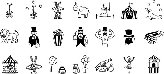 Black and White Line Art Circus Icons: Elephant, Lion, Performers, Tent, and More © victoria