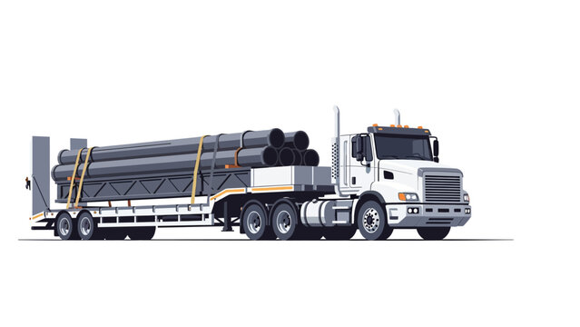 Semi-Truck with Flatbed Trailer Carrying Large Industrial Pipes Isolated on White Background - Heavy Duty Logistics Illustration