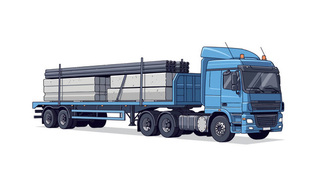 Heavy Duty Blue Semi-Truck with Flatbed Trailer Carrying Construction Materials, Isolated Vector Illustration of Industrial Freight Transport