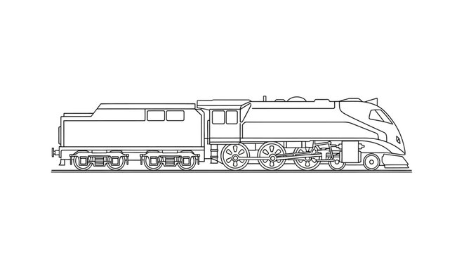 Streamlined Vintage Steam Locomotive with Tender Line Art Illustration, Classic Passenger Train Side View Outline Vector Graphic