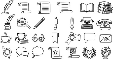 Writing, Education,  Communication Icons Set in Black  White Line Art Style - Hand Drawn Outline Doodle Symbols for Literature, Office, and Vintage Themes