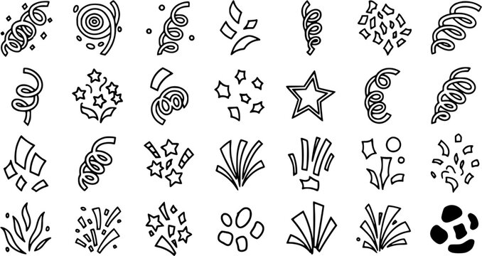 Celebration Party Confetti and Streamers Line Art Icons Set. Festive Event Elements, Star Bursts, and Outline Doodles for Holiday Designs.