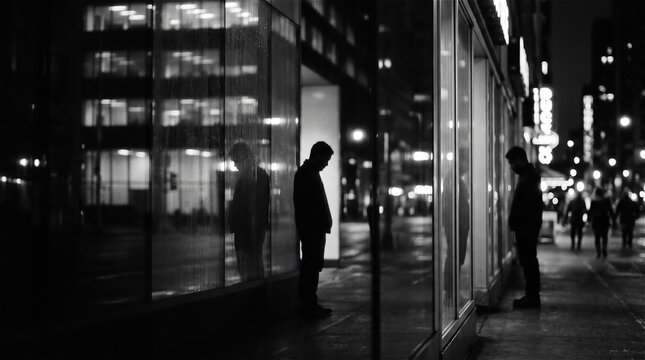 Depressed and lonely man standing with head down near an urban window at night