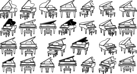 Elegant Grand Pianos Black and White Line Art Set for Music and Arts Education. Hand-drawn outline vector icons of classical musical instruments. © victoria