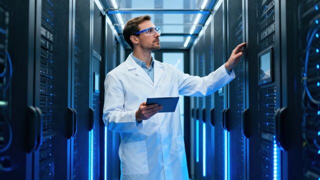 Man in lab coat working with server racks