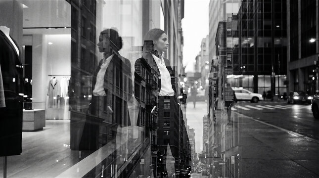 Double exposure effect of stylish women reflected in a city shop window glass
