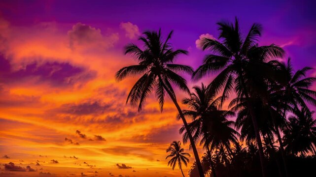 Tropical Sunset Paradise: Silhouetted palm trees frame a breathtaking sunset over the ocean, painted in vibrant hues of purple, orange, and gold, creating a scene of pure tropical serenity.