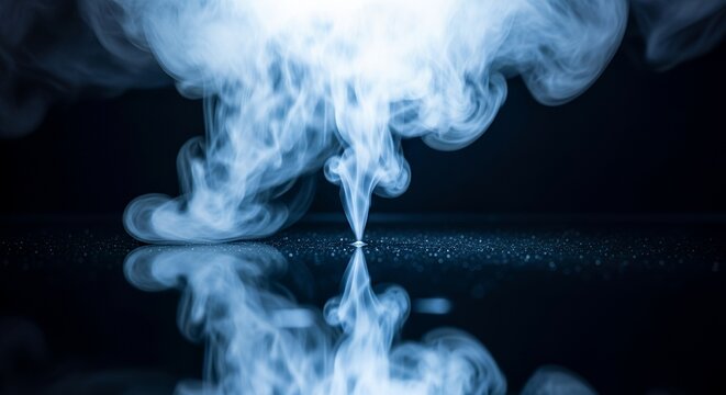 Abstract smoke rising and reflecting on a dark surface, creating a symmetrical and ethereal visual effect.