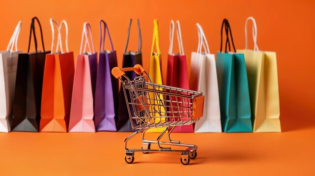 Shopping Bags and Cart: A vibrant still life showcasing a miniature shopping cart in front of a row of colorful shopping bags, symbolizing commerce and retail.