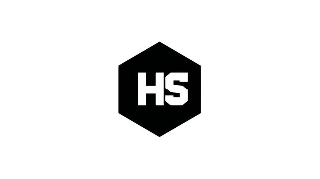 Black hexagonal shape with white capital letters HS. Minimalist vector illustration for abstract graphic design and modern branding.