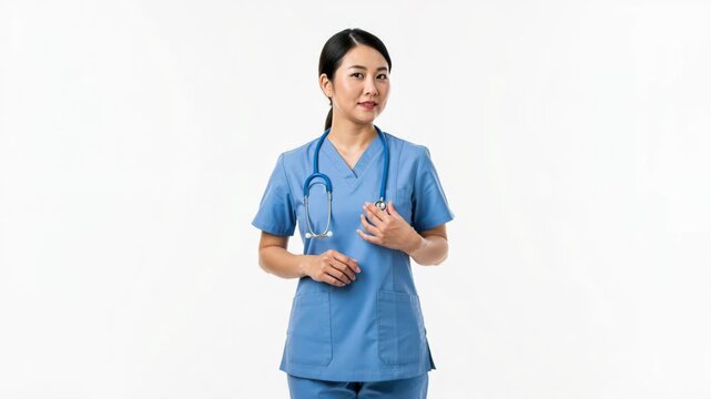 Asian Nurse in Blue Scrubs: A kind-faced Asian nurse, wearing blue scrubs and a stethoscope, stands confidently, ready to provide care and support.
