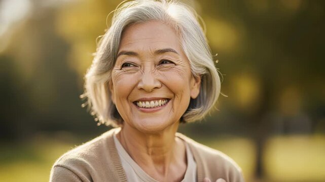 Radiant Senior Woman in Golden Hour: An elegant Asian senior woman with a warm smile and grey hair basks in the soft, golden light of late afternoon, exuding a sense of peace and contentment.
