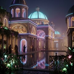 Obraz premium Nighttime view of illuminated building architecture.