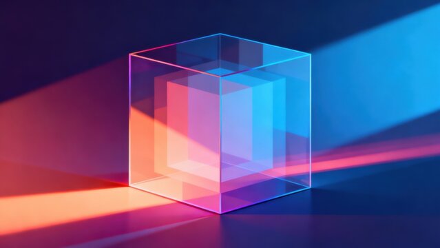 Transparent cube with colorful light reflections