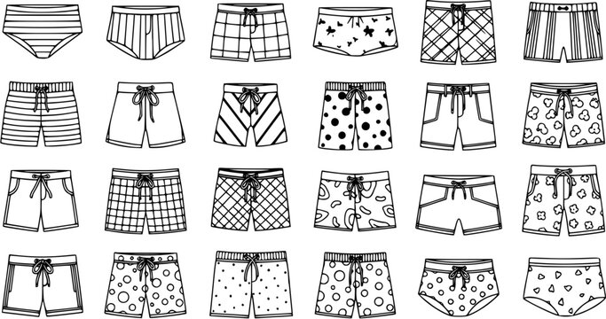 Fashion and Clothing Industry Vector Illustration Set: Black and White Line Art of Men's and Women's Underwear, Briefs, Panties, Boxers, and Swim Shorts Collection.