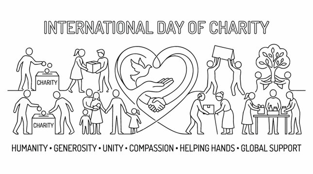 International Day of Charity doodle concept with people helping and supporting each other.