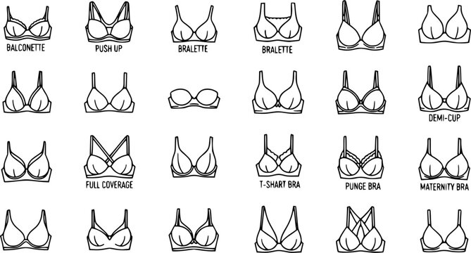 Black and White Line Art Icons of Different Bra Styles for Lingerie and Fashion Industry