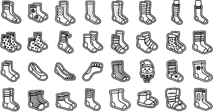 Black and White Line Art Icons of Various Socks for Fashion and Apparel
