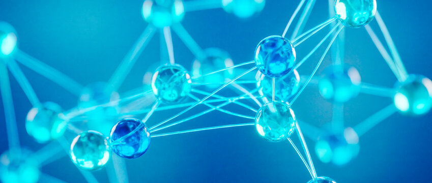 Abstract blue molecular structure with glossy connected spheres in science model