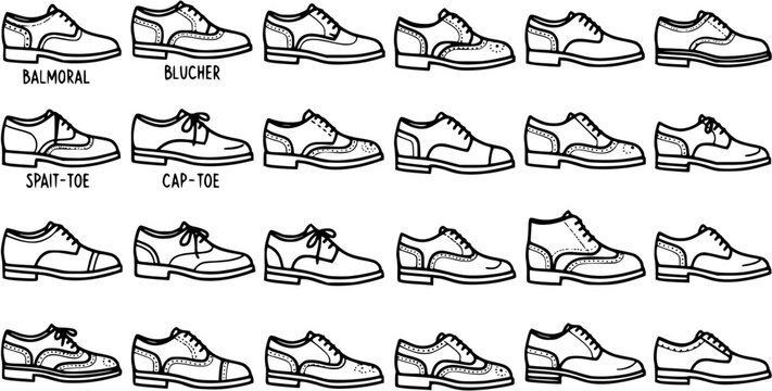 Black and White Line Art Illustration of Classic Men's Dress Shoe Styles, Including Oxford, Derby, and Brogue Types, for Fashion and Footwear Design