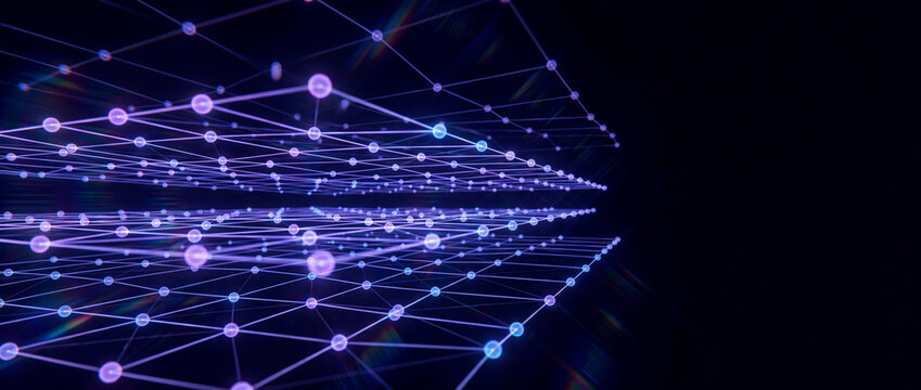 Glowing purple network grid receding into deep cyberspace perspective view