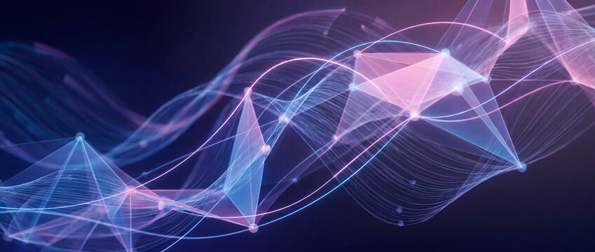Abstract flowing plexus waves of blue and pink data lines on dark background