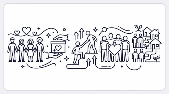 Line art illustration depicting community support and charitable actions.