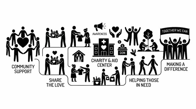 Community support and charity work icon set showing people helping others.