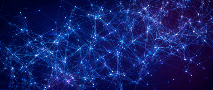 Abstract blue plexus network of glowing dots and lines forming a data field