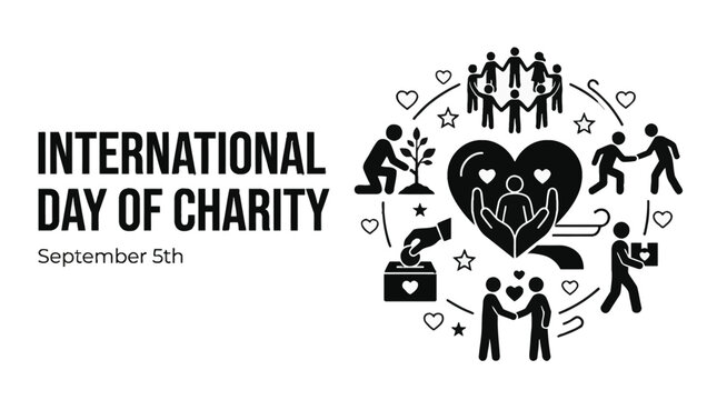 International Day of Charity concept with heart and helping hands icons.