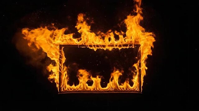 A rectangular frame engulfed in bright orange flames against a dark background