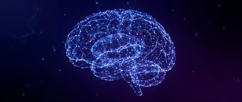 Low poly wireframe brain glowing blue as a digital intelligence visualization