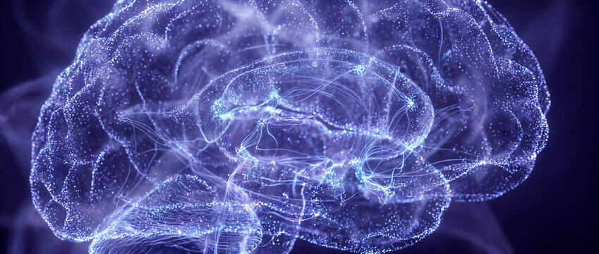Ethereal purple particle brain dissolving into glowing smoke and soft light