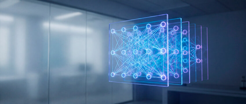 Holographic neural network diagram floating in a modern office environment