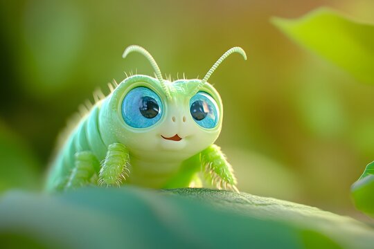 A detailed digital illustration of a cheerful, cartoonish caterpillar, colored in various shades of green and teal
