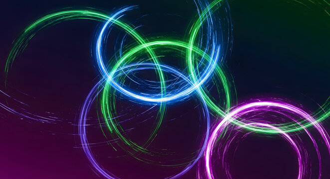 A vibrant abstract image of colorful neon lights forming glowing circles on a dark background