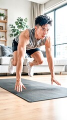Obraz premium Intense Home Workout: A fit Asian man performs a high-intensity exercise routine on a yoga mat in a modern living room, showcasing dedication to fitness.